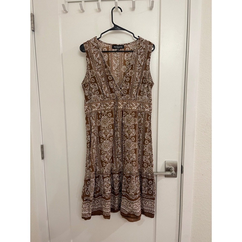 Vintage Y2K Cotton Brown V Neck Boho Indie‎ Midi Dress Breathable Beachy